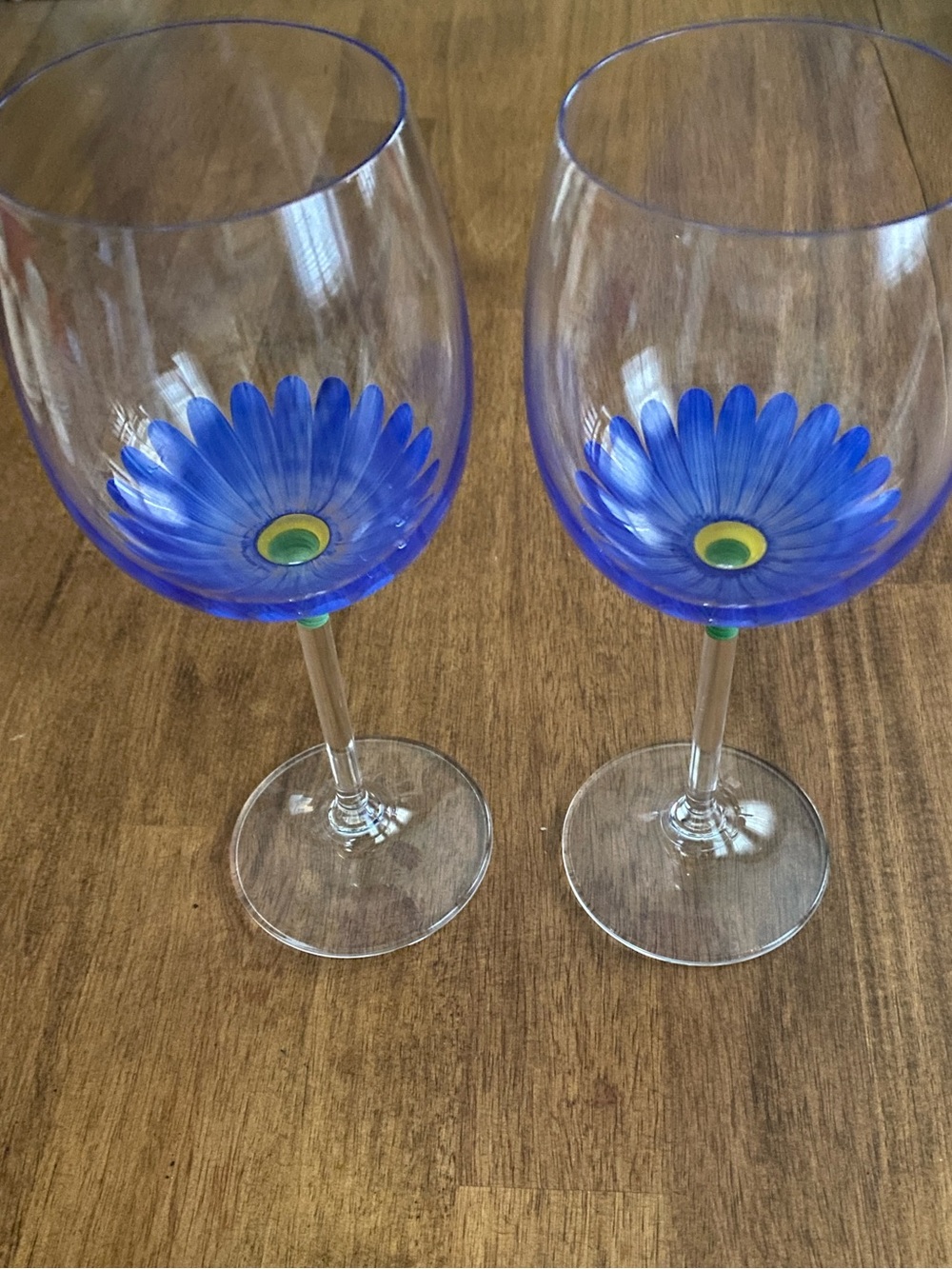 Cottagecore Blue Floral Handpainted Wine Goblets Boho Barware Set of 2